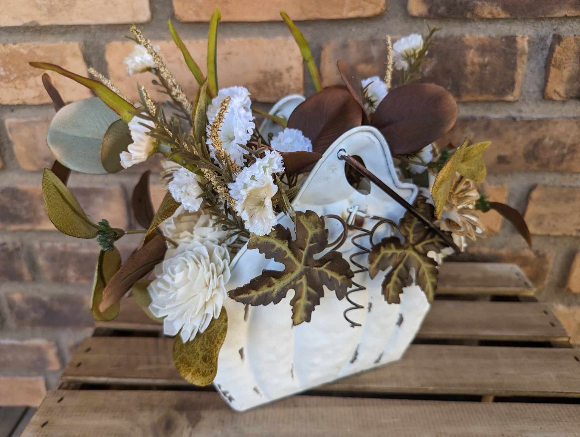 Wood Flowers Floral Arrangement for Fall, Thanksgiving Table Centerpiece, Cream Pumpkin Floral Arrangement, Fall Home Decor