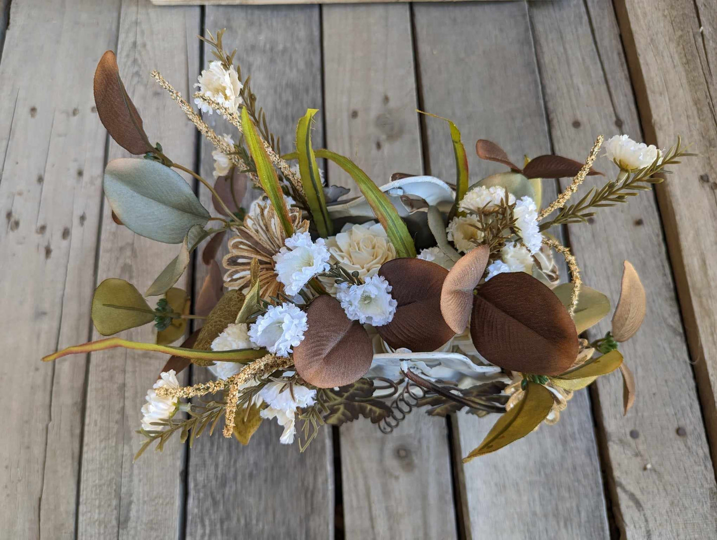 Wood Flowers Floral Arrangement for Fall, Thanksgiving Table Centerpiece, Cream Pumpkin Floral Arrangement, Fall Home Decor