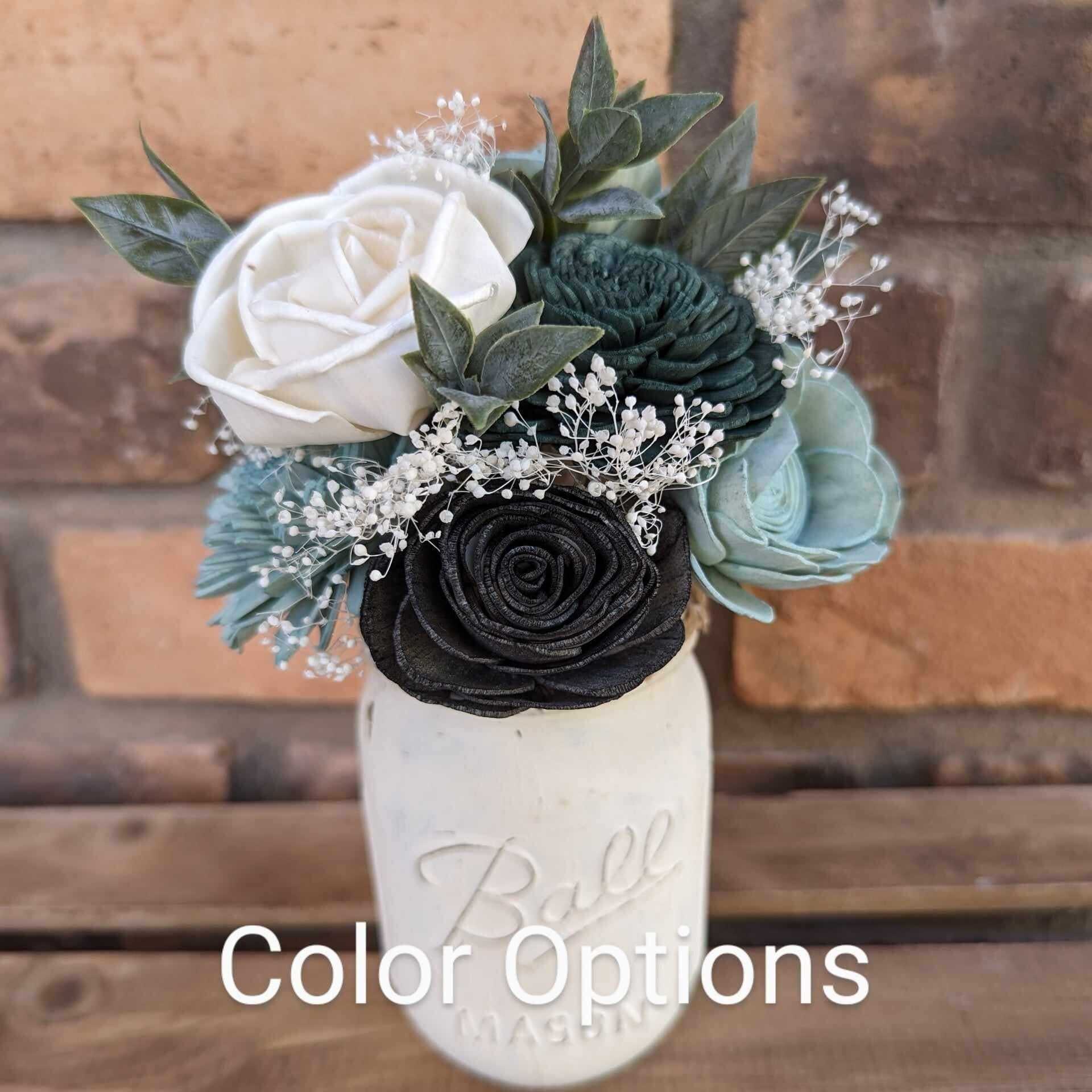 Mason Jar Bouquet with Wood Flowers, Wood Flower Table Centerpiece, Wedding Reception Decor, Wedding Centerpiece, Wood Flower Bouquet