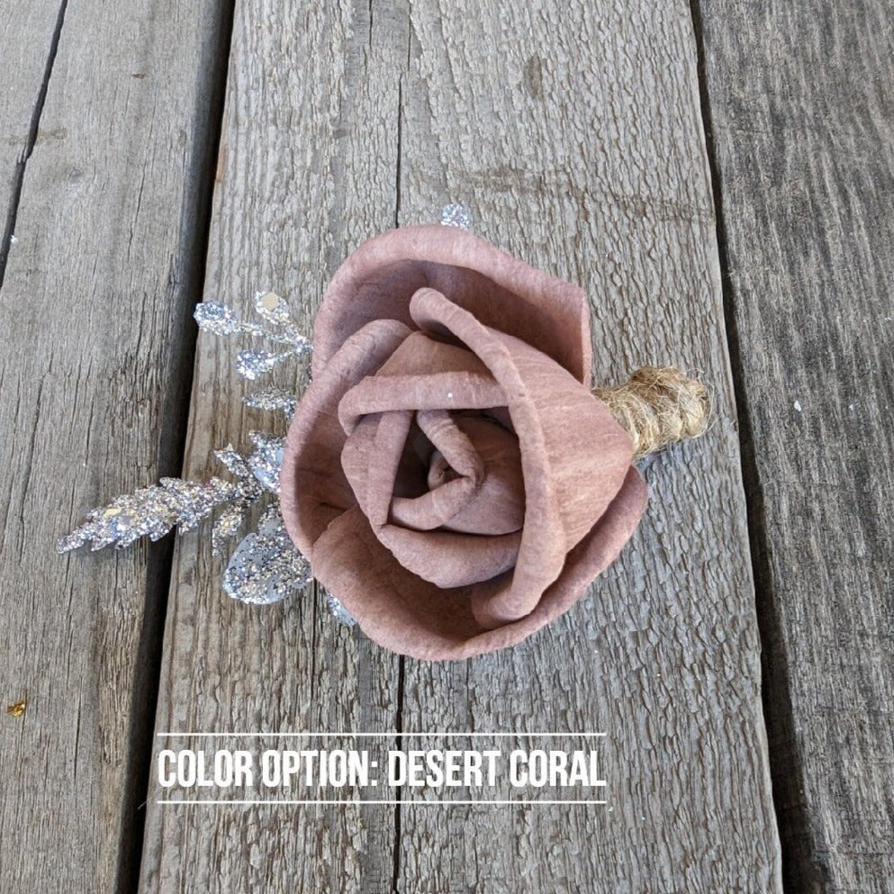 Wood Rose Boutonniere, Silver Groomsmen Boutonniere, Wedding Boutonniere, Wooden Flower Lapel Pin