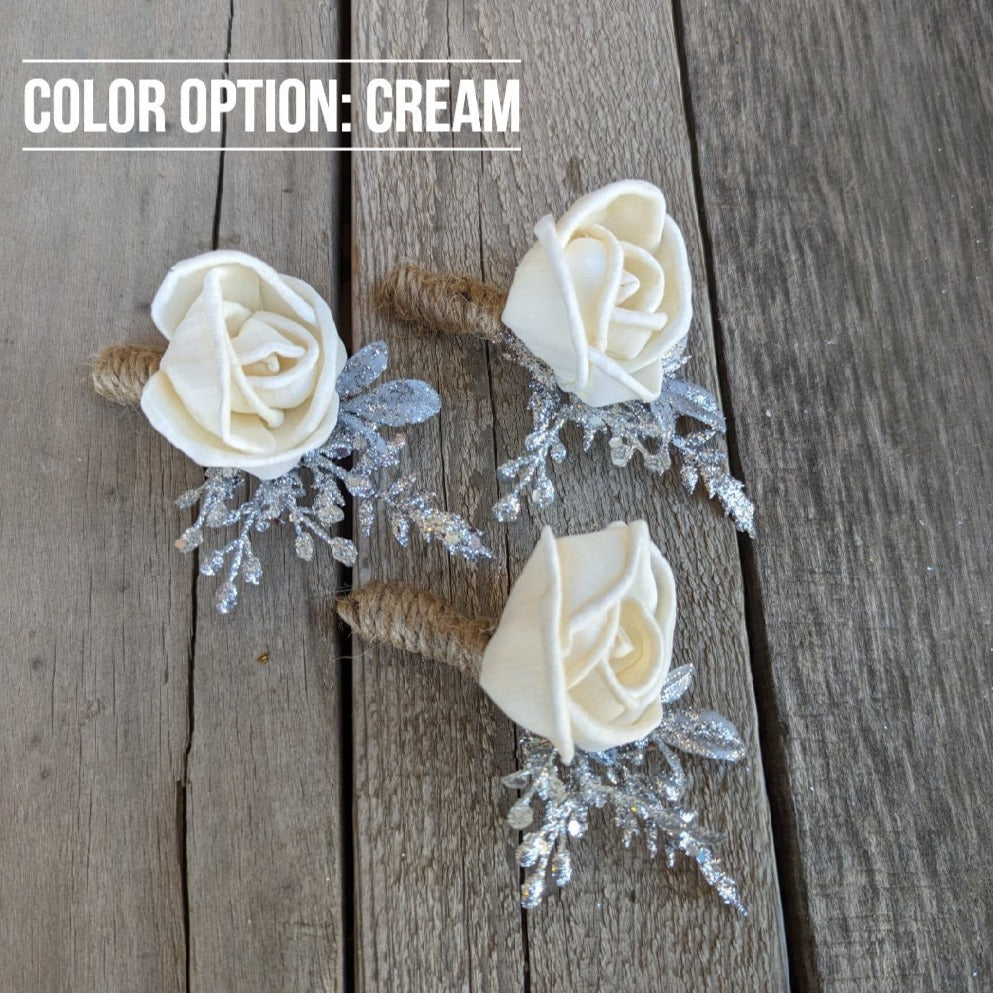 Wood Rose Boutonniere, Silver Groomsmen Boutonniere, Wedding Boutonniere, Wooden Flower Lapel Pin