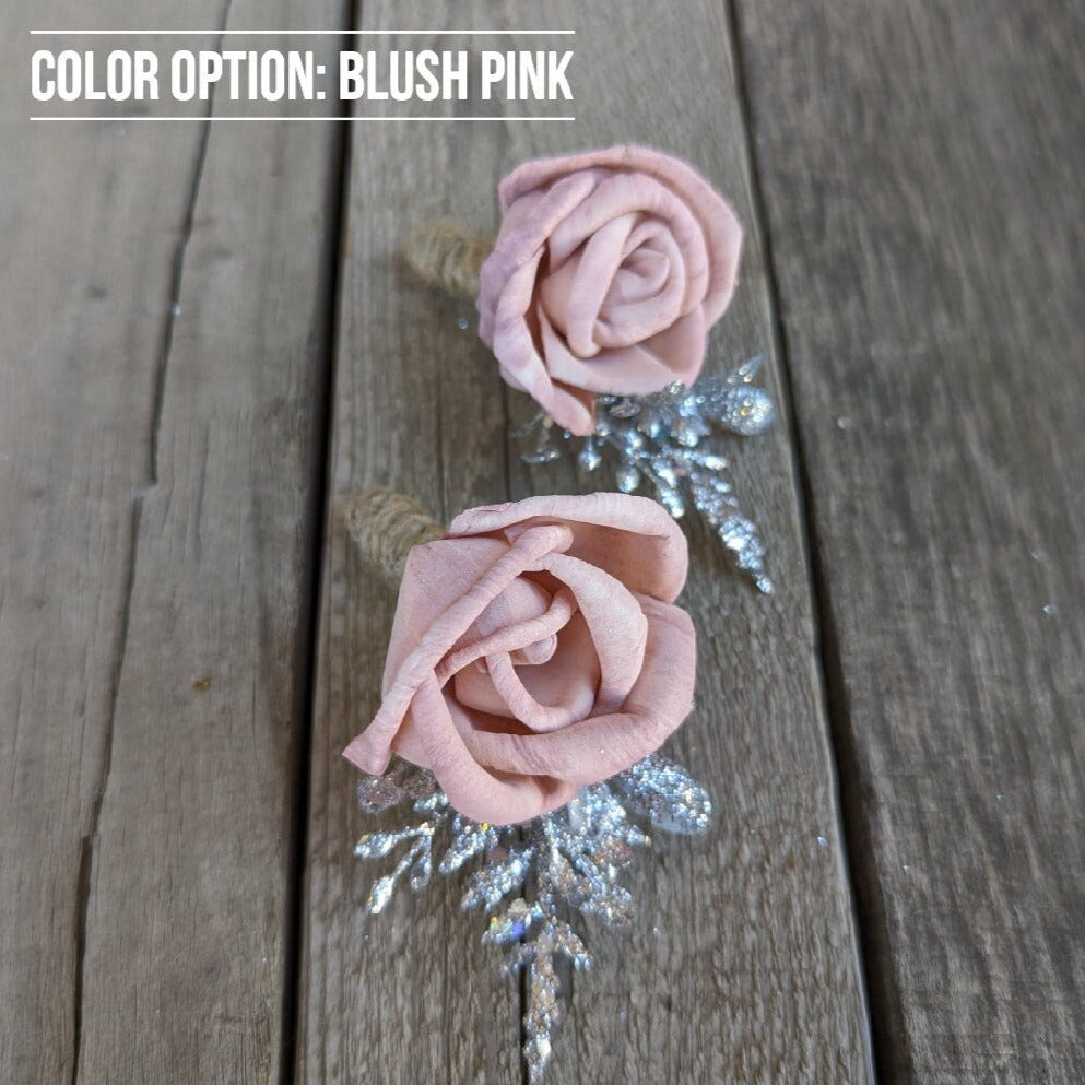 Wood Rose Boutonniere, Silver Groomsmen Boutonniere, Wedding Boutonniere, Wooden Flower Lapel Pin