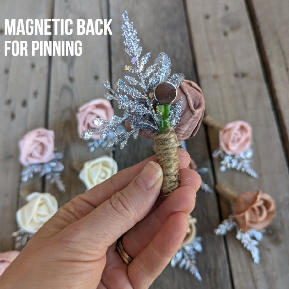 Wood Rose Boutonniere, Silver Groomsmen Boutonniere, Wedding Boutonniere, Wooden Flower Lapel Pin