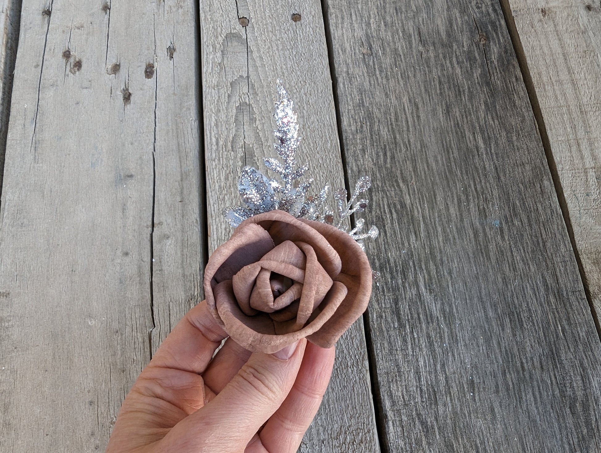 Wood Rose Boutonniere, Silver Groomsmen Boutonniere, Wedding Boutonniere, Wooden Flower Lapel Pin