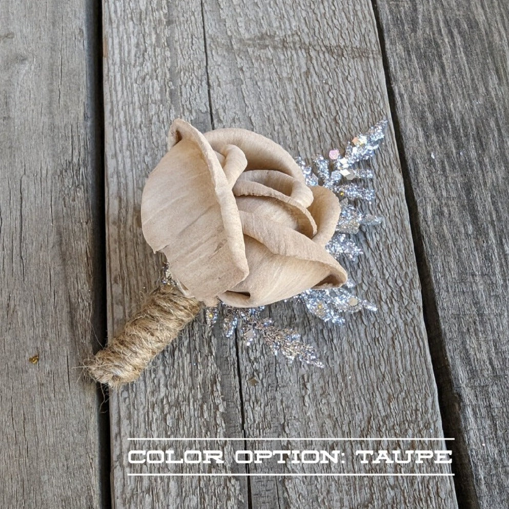 Wood Rose Boutonniere, Silver Groomsmen Boutonniere, Wedding Boutonniere, Wooden Flower Lapel Pin