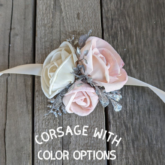 Wedding Wrist Corsage, Wood Flowers Corsage, Wooden Flowers Pinned Corsage, Sola Wood Flowers, Silver Corsage Wedding Flowers