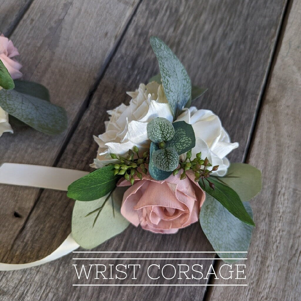 Wedding Wrist Corsage with Wood Flowers, Eucalyptus Wristlet, Wedding Corsage for Bridesmaids, Wooden Flowers Pinned Corsage