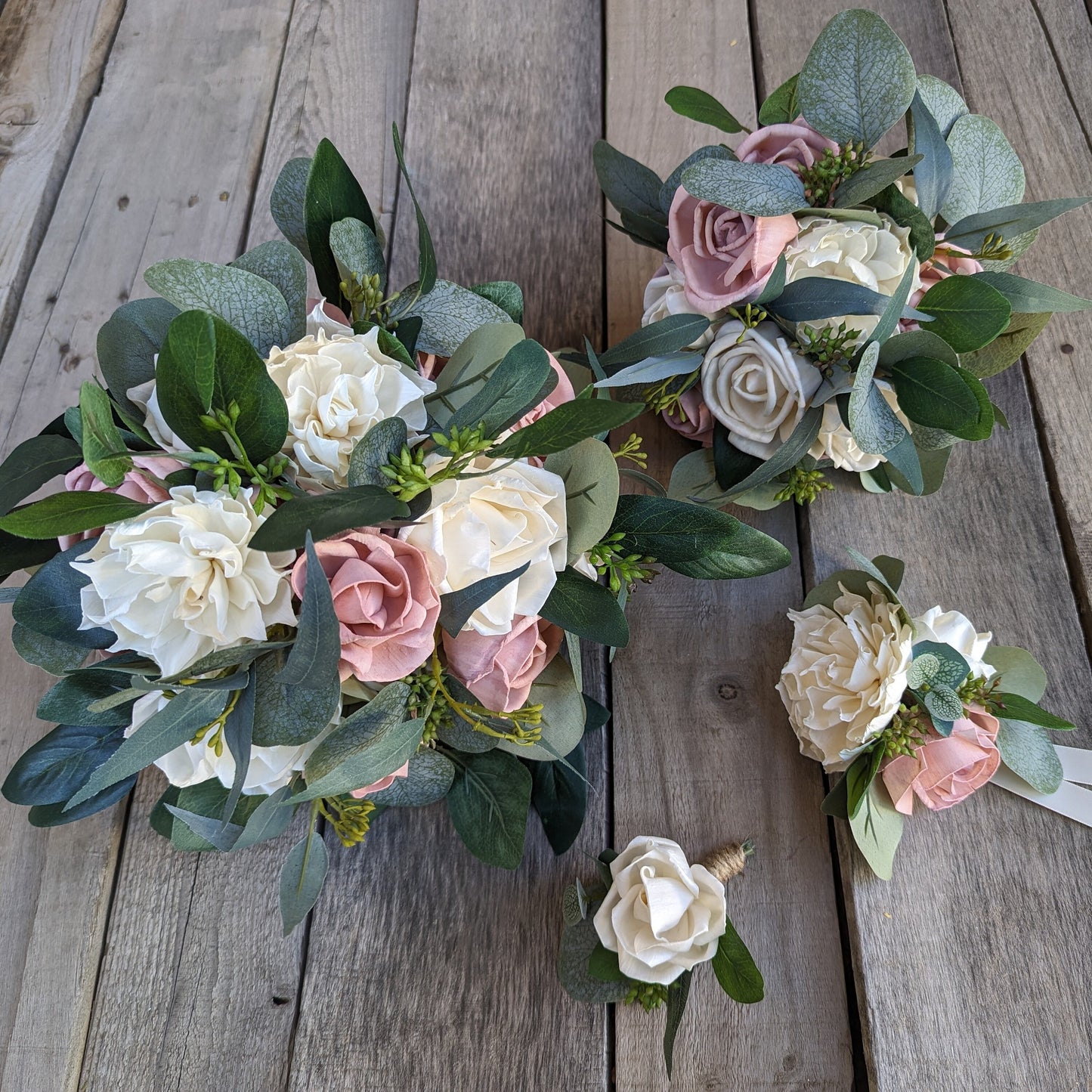 Eucalyptus Bouquet with Wood Flowers, Natural Greenery Bridal Bouquet, Fake Flower Bouquet, Elegant Bridal Bouquet, Artificial Flowers