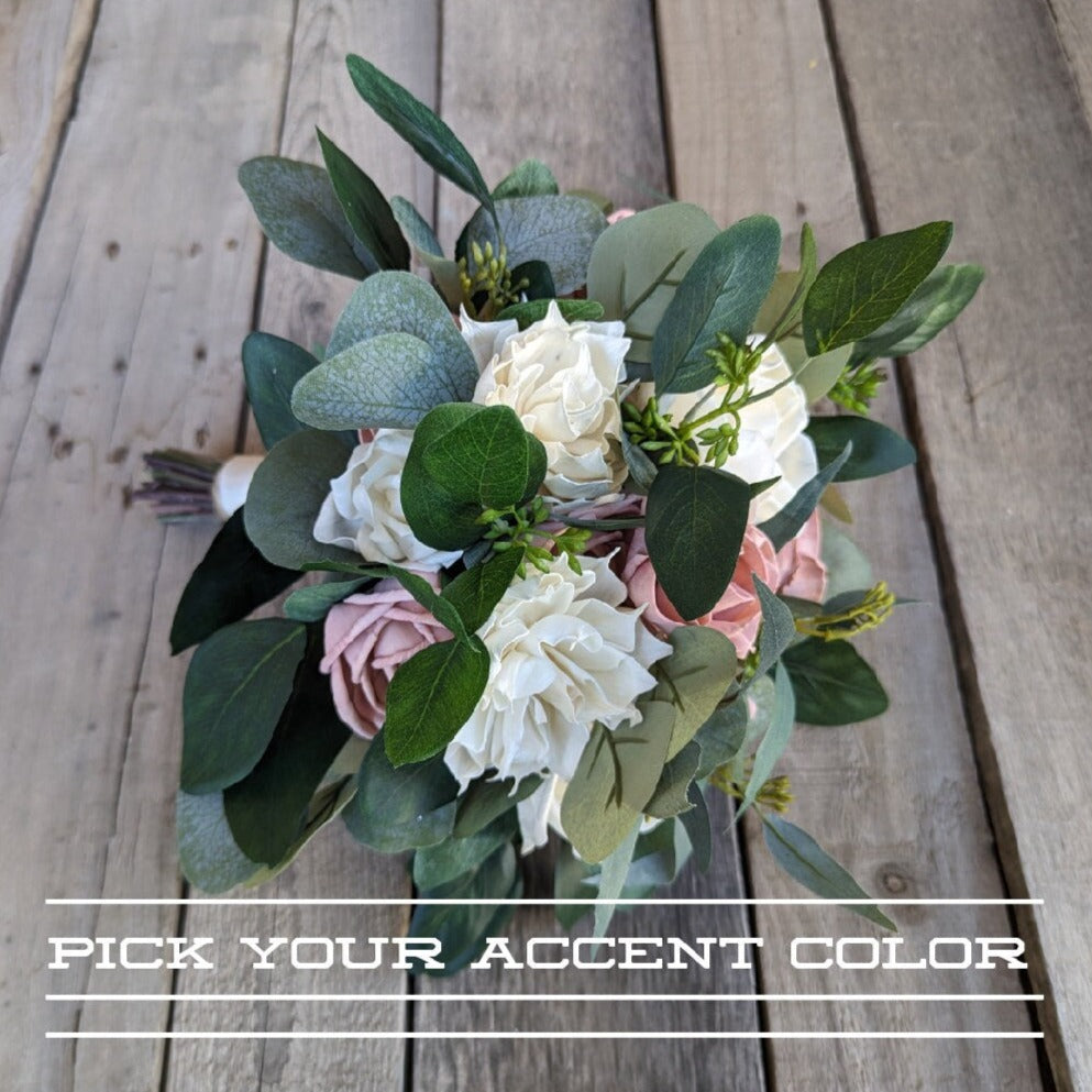 Eucalyptus Bouquet with Wood Flowers, Natural Greenery Bridal Bouquet, Fake Flower Bouquet, Elegant Bridal Bouquet, Artificial Flowers