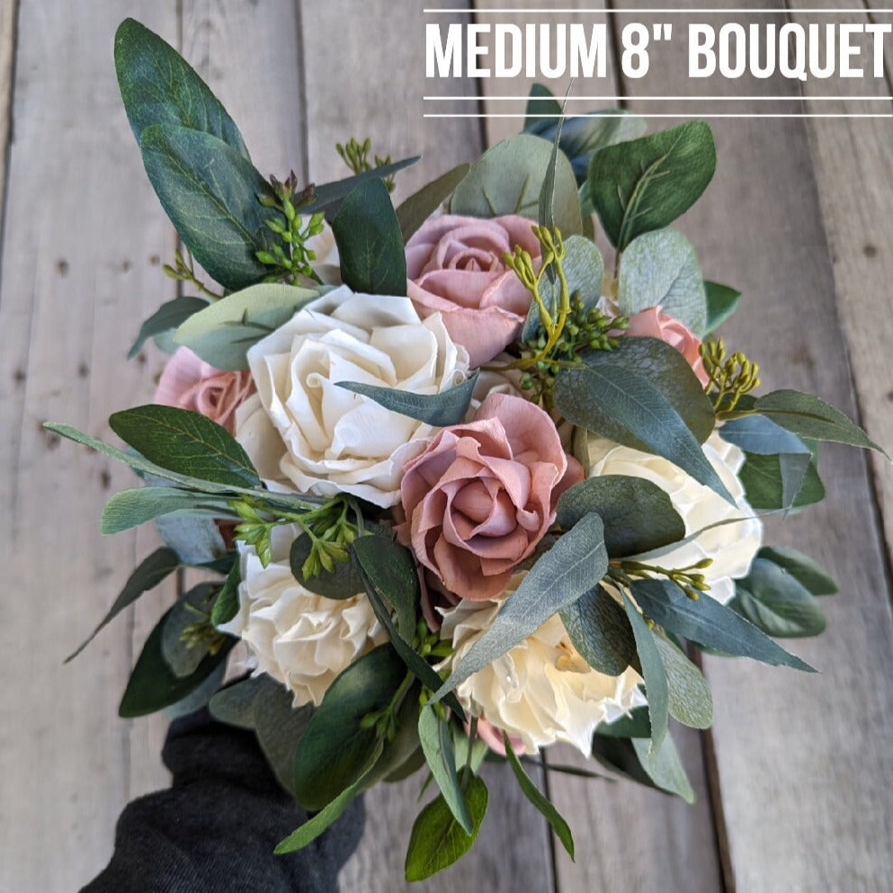 Eucalyptus Bouquet with Wood Flowers, Natural Greenery Bridal Bouquet, Fake Flower Bouquet, Elegant Bridal Bouquet, Artificial Flowers