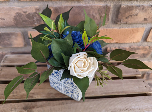 Cement Planter Table Centerpiece with Wood Flowers, Wood Flower Centerpiece Decor, Small Flower Arrangement for Housewarming Gift