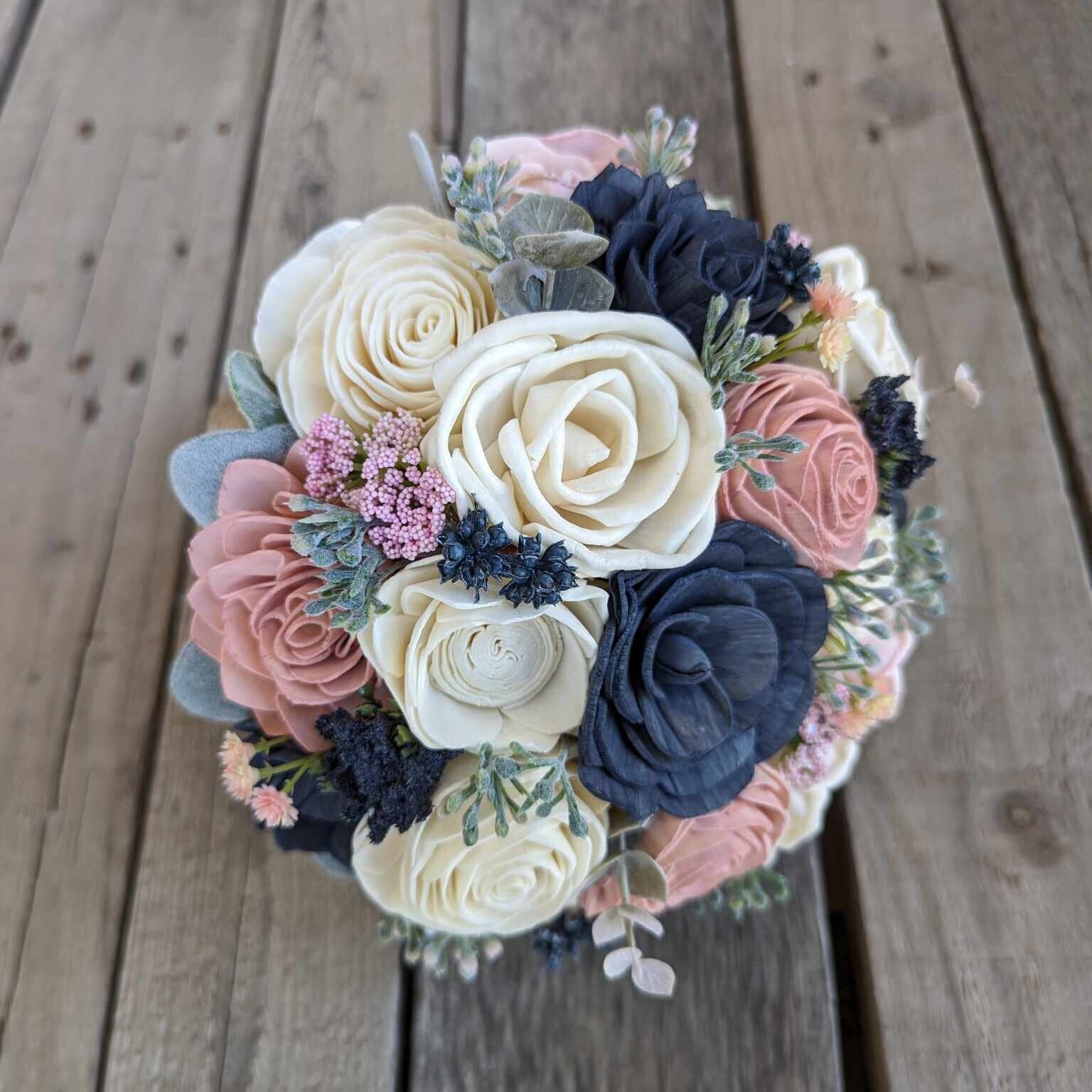 Navy Blue and Blush Pink Artificial Wedding Bouquet with Sola Wood Flowers, Wooden Flowers Bridal Bouquet, Blush Bridesmaid Bouquet