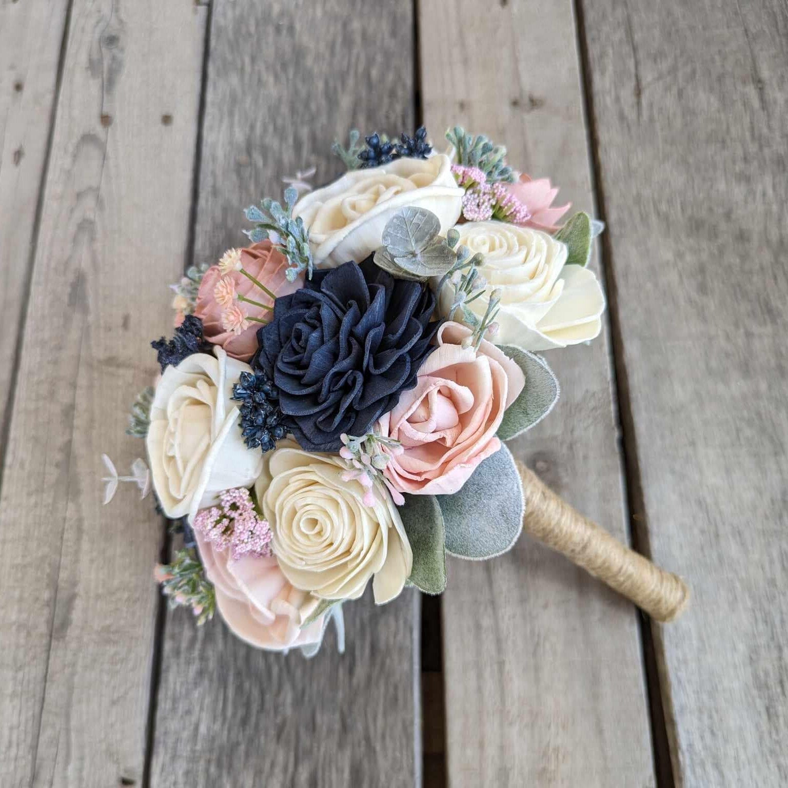 Navy Blue and Blush Pink Artificial Wedding Bouquet with Sola Wood Flowers, Wooden Flowers Bridal Bouquet, Blush Bridesmaid Bouquet
