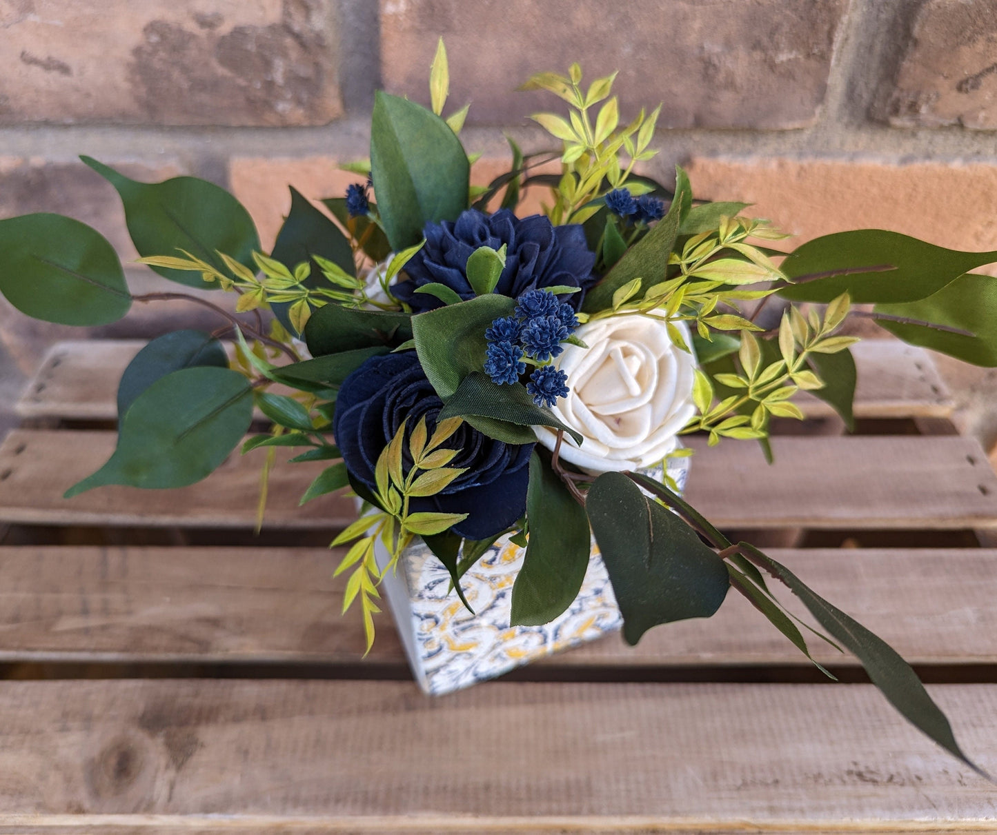 Navy Blue Cement Planter Table Centerpiece with Wood Flowers, Wood Flower Centerpiece Decor, Thank You or Get Well Soon Gift