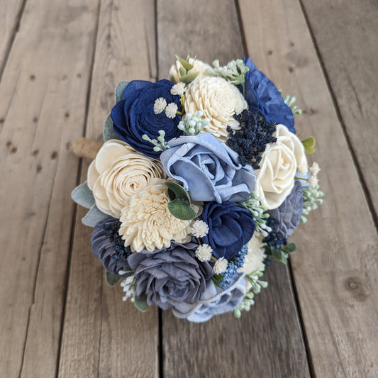 Artificial Blue Wedding Bouquet with Sola Wood Flowers, Wooden Flower Bouquet, Royal Blue Bridal Bouquet, Dusty Blue Bridesmaid Flowers