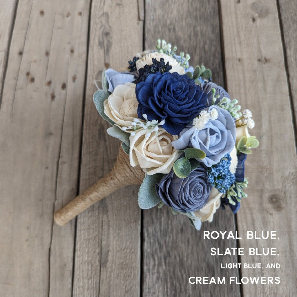 Artificial Blue Wedding Bouquet with Sola Wood Flowers, Wooden Flower Bouquet, Royal Blue Bridal Bouquet, Dusty Blue Bridesmaid Flowers