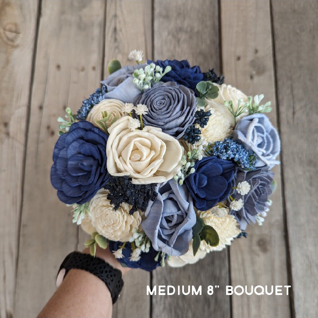 Artificial Blue Wedding Bouquet with Sola Wood Flowers, Wooden Flower Bouquet, Royal Blue Bridal Bouquet, Dusty Blue Bridesmaid Flowers