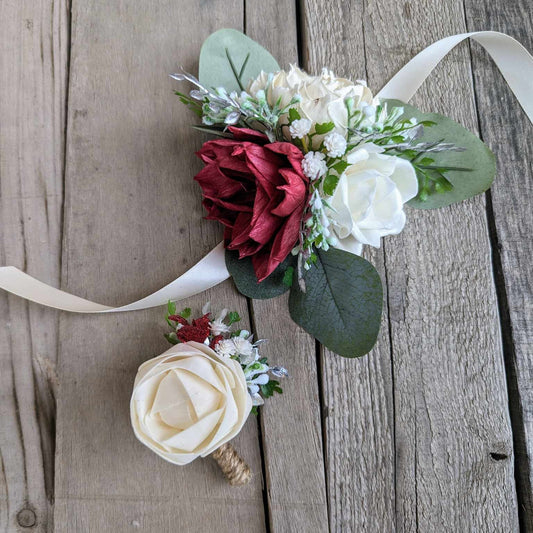 Artificial Corsage and Boutonniere Set, Wood Flower Wrist Corsage for Prom, Wooden Flower Corsage for Wedding, Wedding Boutonniere