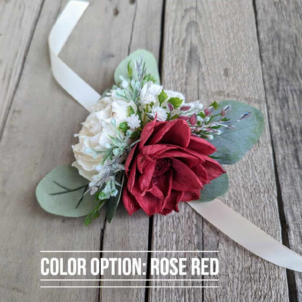 Artificial Corsage and Boutonniere Set, Wood Flower Wrist Corsage for Prom, Wooden Flower Corsage for Wedding, Wedding Boutonniere
