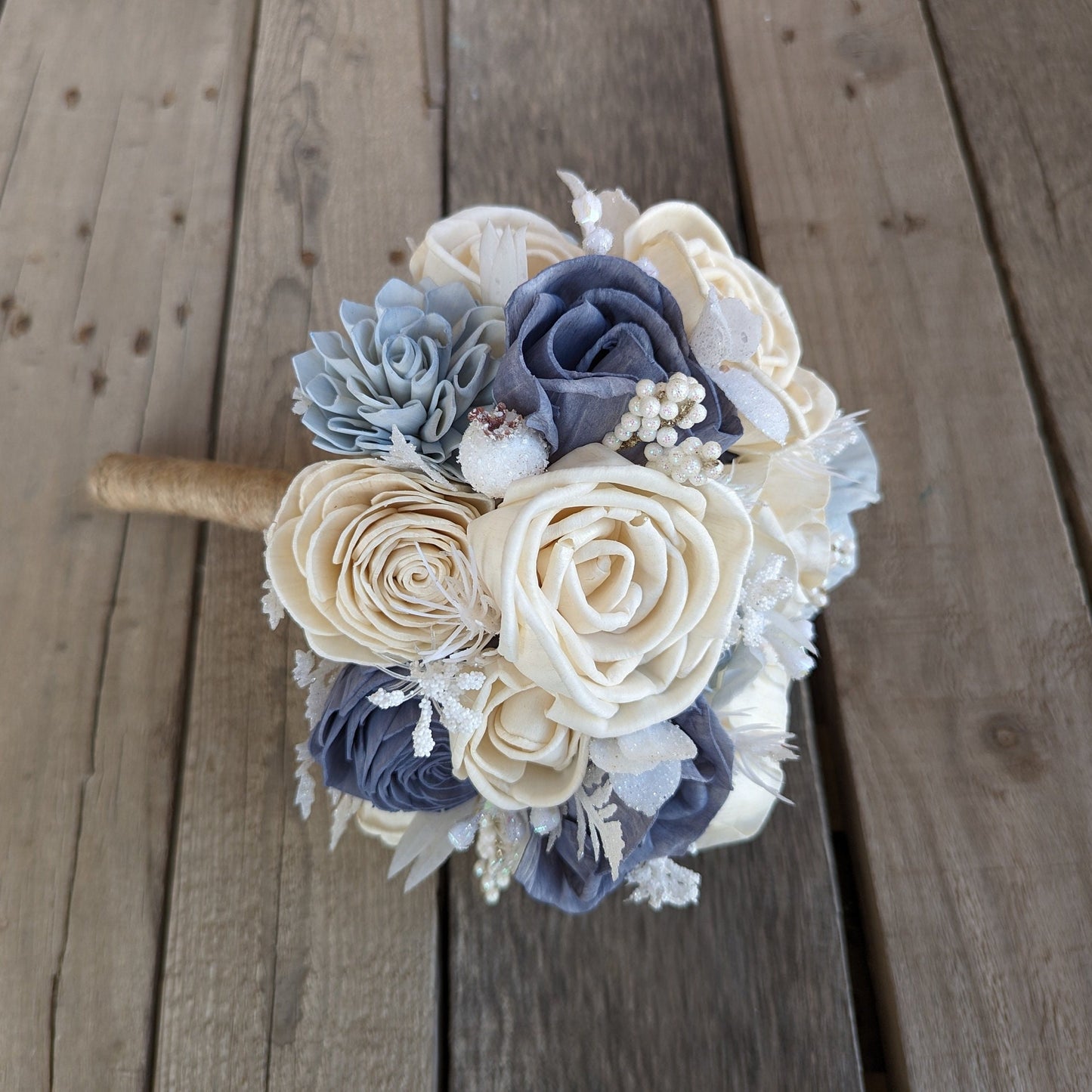 Pre-Made Dusty Blue Wood Flower Bouquet, Winter Wedding Bouquet, Slate Blue Artificial Bridal Bouquet, Wedding Elopement