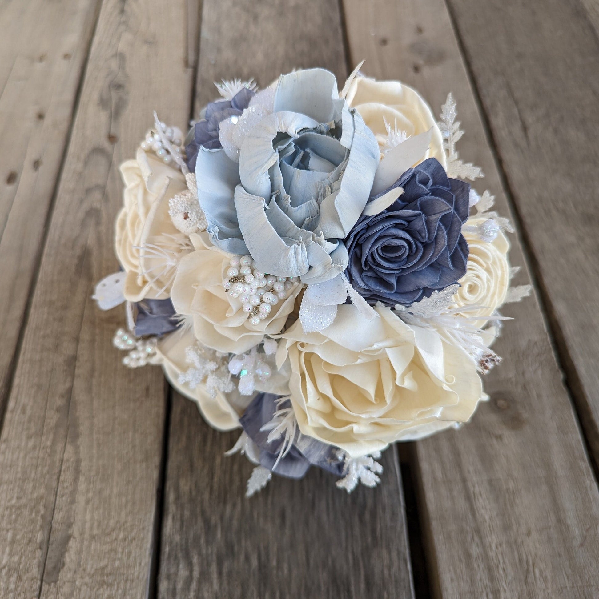 Dusty Blue Wood Flower Bouquet, Winter Wedding Bouquet, Slate Blue Artificial Bridal Bouquet