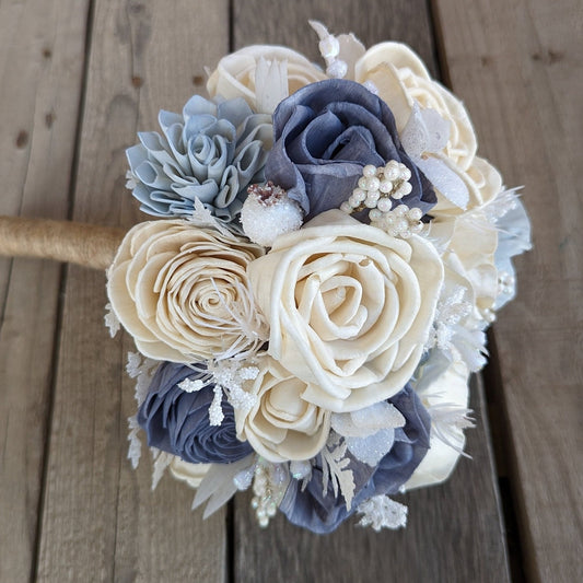 Dusty Blue Wood Flower Bouquet, Winter Wedding Bouquet, Slate Blue Artificial Bridal Bouquet
