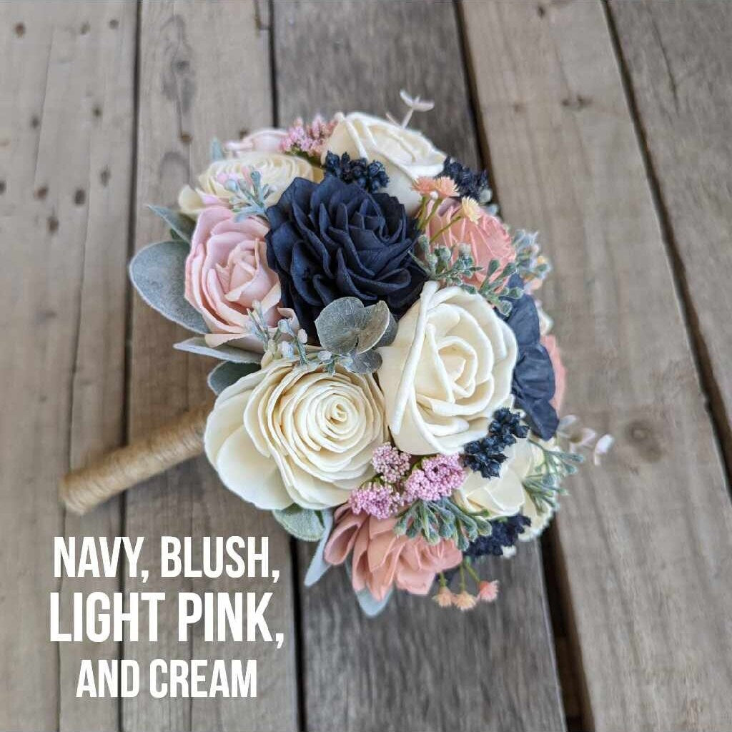 Navy Blue and Blush Pink Artificial Wedding Bouquet with Sola Wood Flowers, Wooden Flowers Bridal Bouquet, Blush Bridesmaid Bouquet
