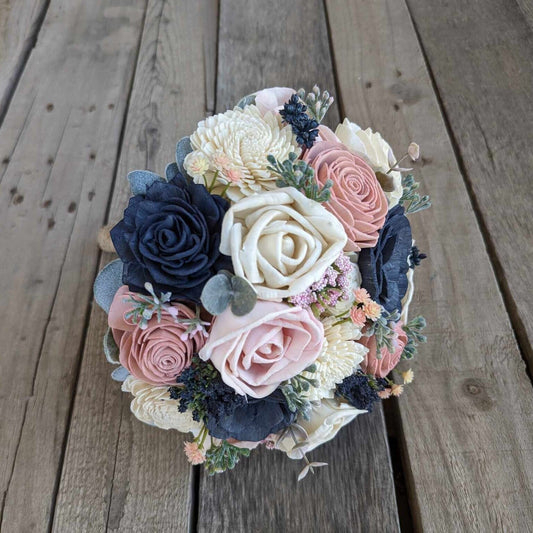 Navy Blue and Blush Pink Artificial Wedding Bouquet with Sola Wood Flowers, Wooden Flowers Bridal Bouquet, Blush Bridesmaid Bouquet