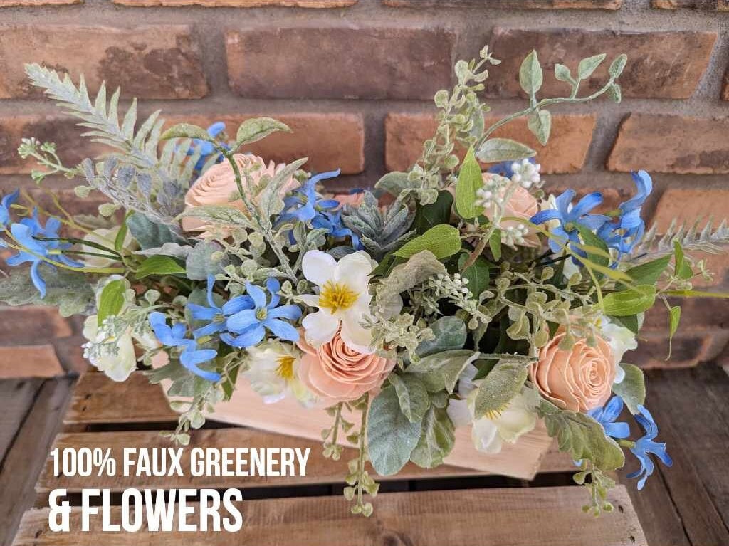 Wood Flower Table Centerpiece, Faux Flower Centerpiece, Floral Centerpiece for Housewarming Gift, Wooden and Silk Flowers Floral Arrangement