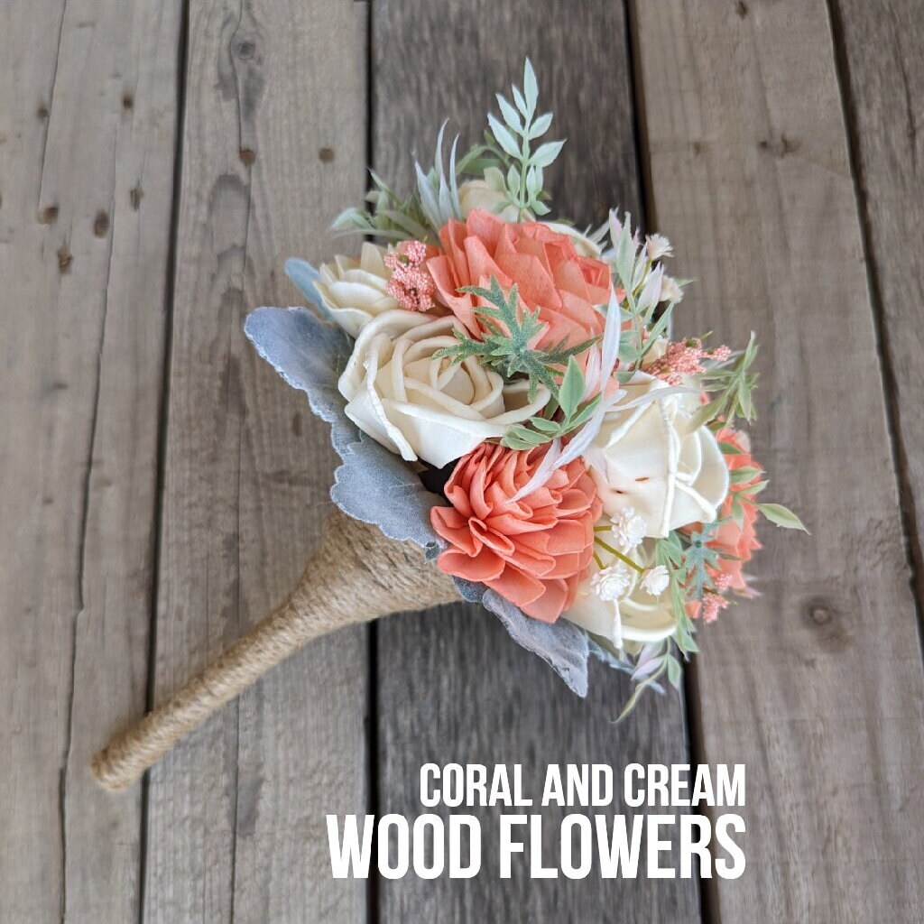 Premade Coral Sola Wood Flower Bouquet, Wedding Elopement Bouquet, Destination Bridal Bouquet, Wooden Bridesmaid Flowers, Beach Wedding