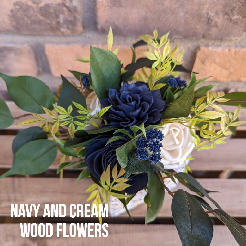 Navy Blue Cement Planter Table Centerpiece with Wood Flowers, Wood Flower Centerpiece Decor, Thank You or Get Well Soon Gift
