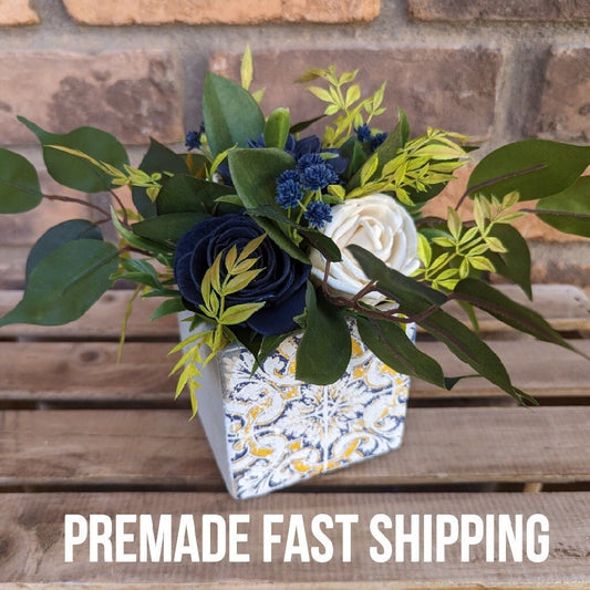 Navy Blue Cement Planter Table Centerpiece with Wood Flowers, Wood Flower Centerpiece Decor, Thank You or Get Well Soon Gift