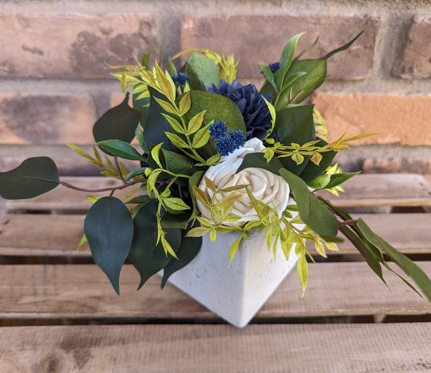Navy Blue Cement Planter Table Centerpiece with Wood Flowers, Wood Flower Centerpiece Decor, Thank You or Get Well Soon Gift