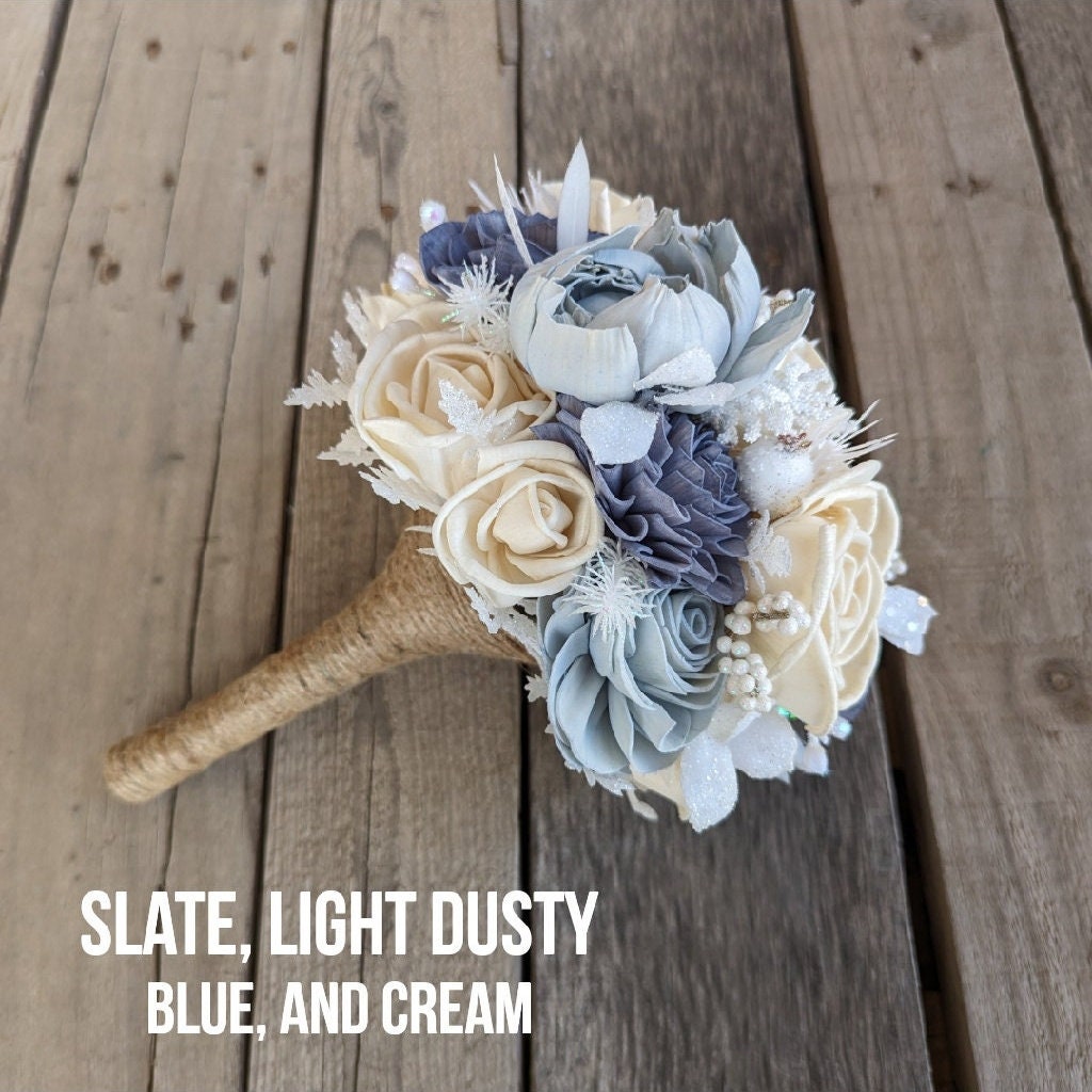 Pre-Made Dusty Blue Wood Flower Bouquet, Winter Wedding Bouquet, Slate Blue Artificial Bridal Bouquet, Wedding Elopement