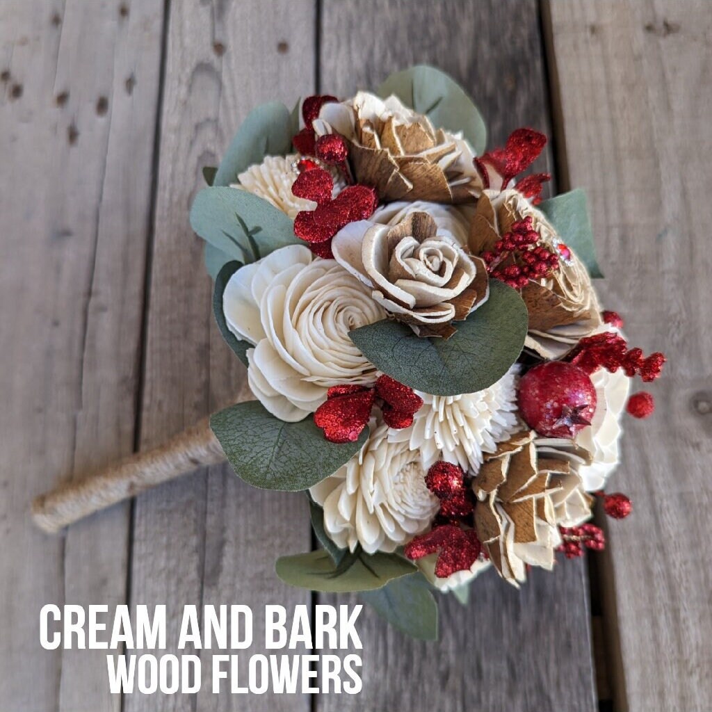 Artificial Wood Flower Bouquet, Red Brooch Wooden Flower Bridal Bouquet, Artificial Wedding Bouquet, Bridesmaid and Flower Girl Bouquets