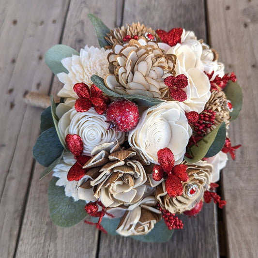 Artificial Wood Flower Bouquet, Red Brooch Wooden Flower Bridal Bouquet, Artificial Wedding Bouquet, Bridesmaid and Flower Girl Bouquets