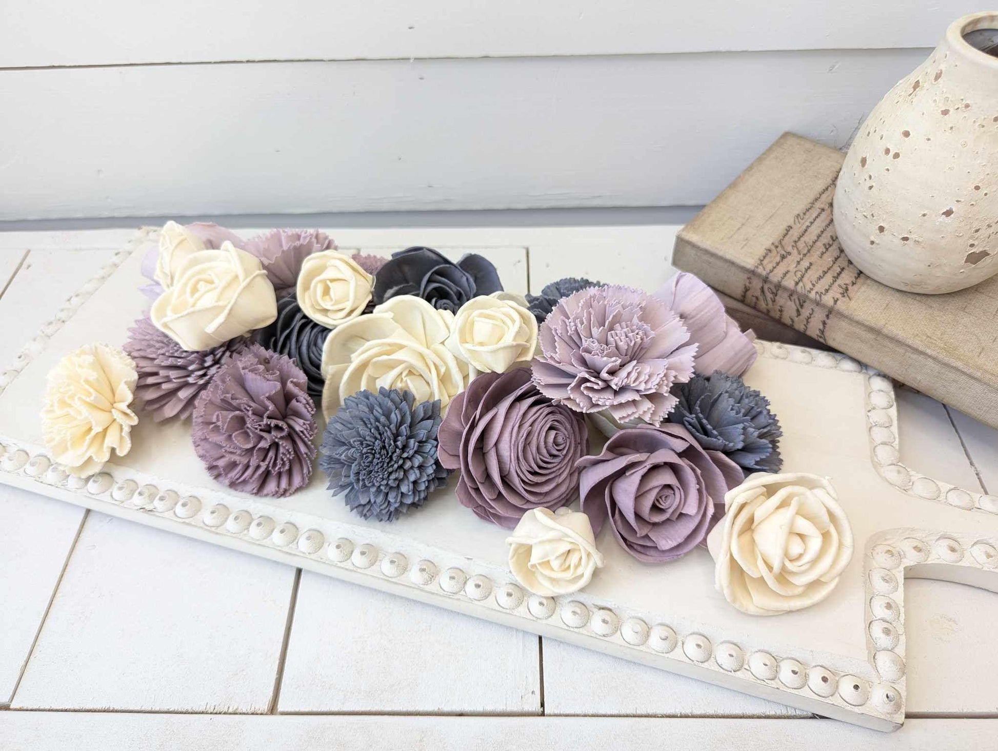 Sola Wood Flowers for Crafting in Slate Blue, Dusty Lavender, and Light Dusty Lavender, DIY Wooden Flowers or Wedding Cake, Bouquets