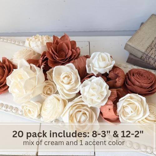 Premium Sola Wood Flowers for Crafting in Natural Cream & Accent Color, DIY Wooden Flowers for Wedding Cake, Bouquets, Corsage, Boutonnieres
