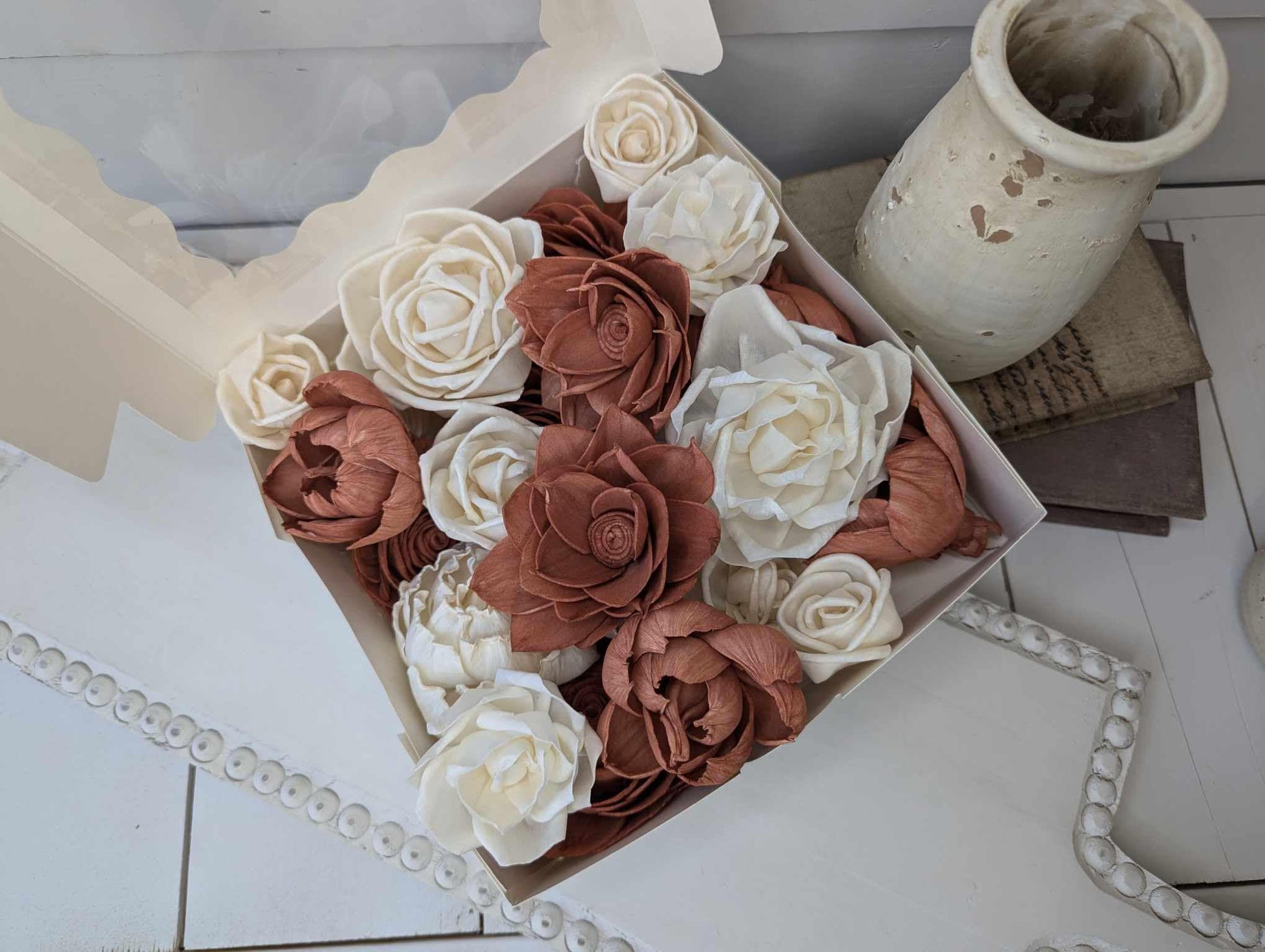 Premium Sola Wood Flowers for Crafting in Natural Cream & Accent Color, DIY Wooden Flowers for Wedding Cake, Bouquets, Corsage, Boutonnieres