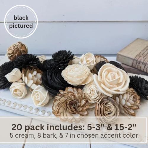 Sola Wood Flowers for Crafting in Natural Cream, Bark, & Accent color, DIY Wooden Flowers for Wedding Cake, Bouquets, Corsage, Boutonnieres