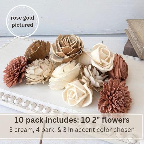 Sola Wood Flowers for Crafting in Natural Cream, Bark, & Accent color, DIY Wooden Flowers for Wedding Cake, Bouquets, Corsage, Boutonnieres