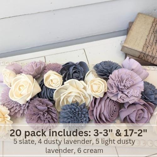 Sola Wood Flowers for Crafting in Slate Blue, Dusty Lavender, and Light Dusty Lavender, DIY Wooden Flowers or Wedding Cake, Bouquets