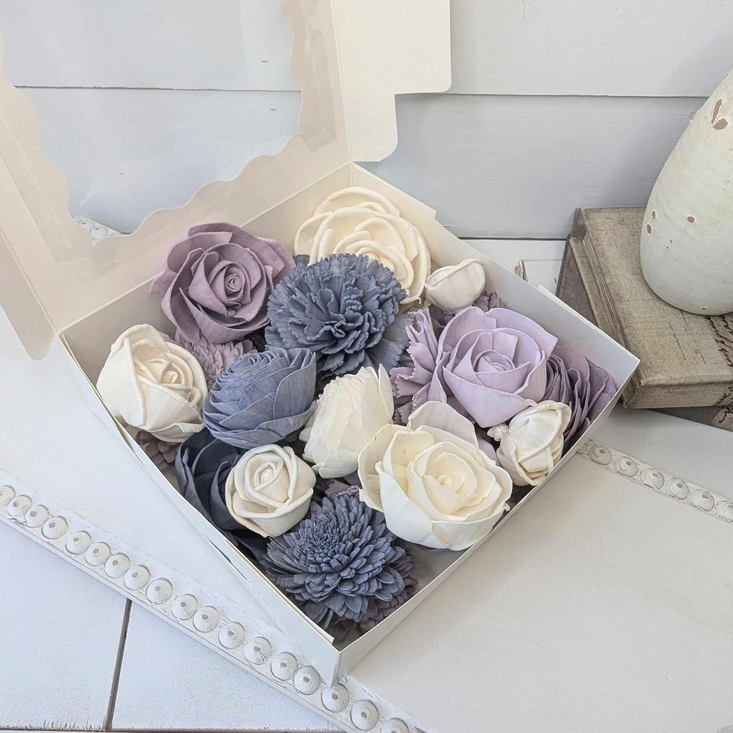 Sola Wood Flowers for Crafting in Slate Blue, Dusty Lavender, and Light Dusty Lavender, DIY Wooden Flowers or Wedding Cake, Bouquets