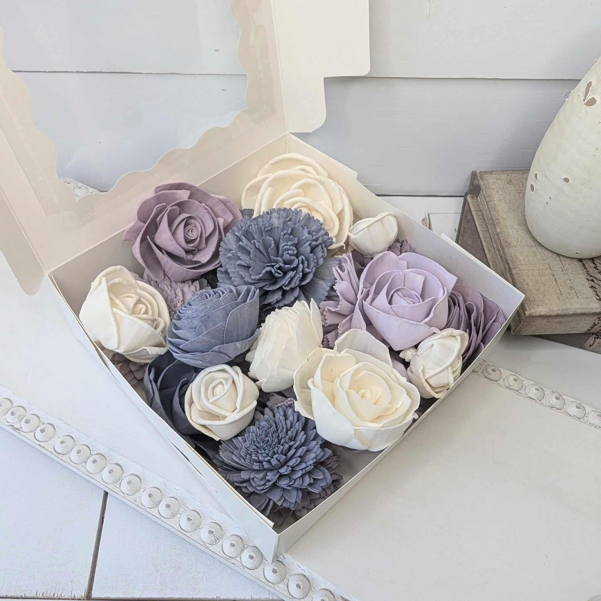 Sola Wood Flowers for Crafting in Slate Blue, Dusty Lavender, and Light Dusty Lavender, DIY Wooden Flowers or Wedding Cake, Bouquets