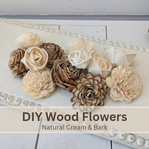 Sola Wood Flowers for Crafting in Natural Cream & Bark, DIY Wooden Flowers for Wedding Cake, Bouquets, Corsage, and Boutonnieres, Craft Kit
