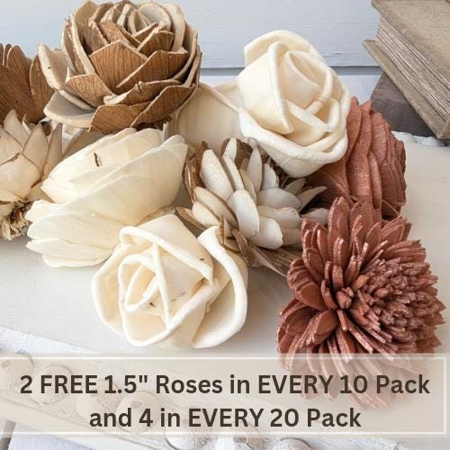 Sola Wood Flowers for Crafting in Natural Cream, Bark, & Accent color, DIY Wooden Flowers for Wedding Cake, Bouquets, Corsage, Boutonnieres
