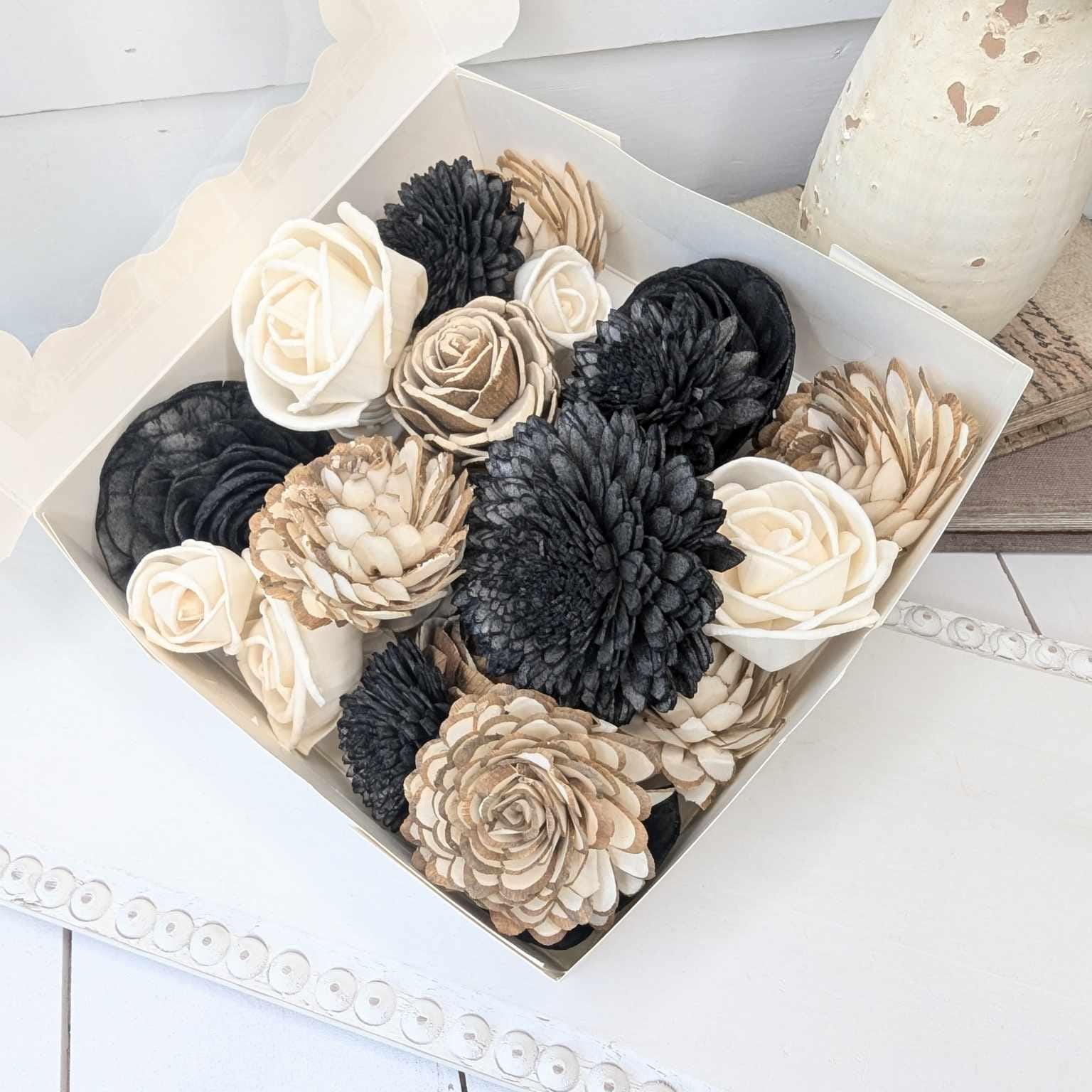 Sola Wood Flowers for Crafting in Natural Cream, Bark, & Accent color, DIY Wooden Flowers for Wedding Cake, Bouquets, Corsage, Boutonnieres