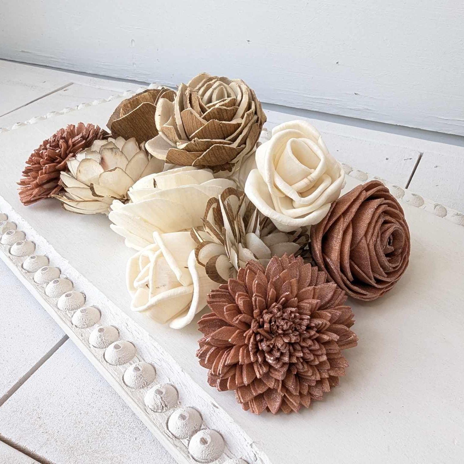 Sola Wood Flowers for Crafting in Natural Cream, Bark, & Accent color, DIY Wooden Flowers for Wedding Cake, Bouquets, Corsage, Boutonnieres