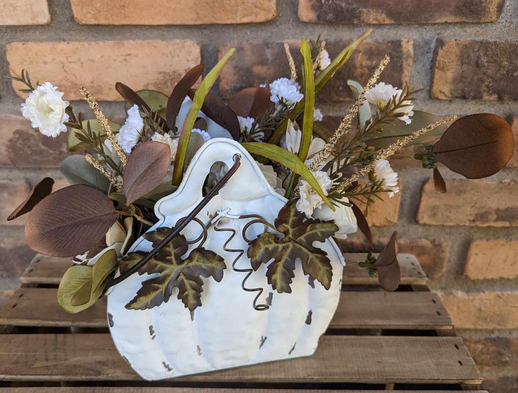 Wood Flowers Floral Arrangement for Fall, Thanksgiving Table Centerpiece, Cream Pumpkin Floral Arrangement, Fall Home Decor