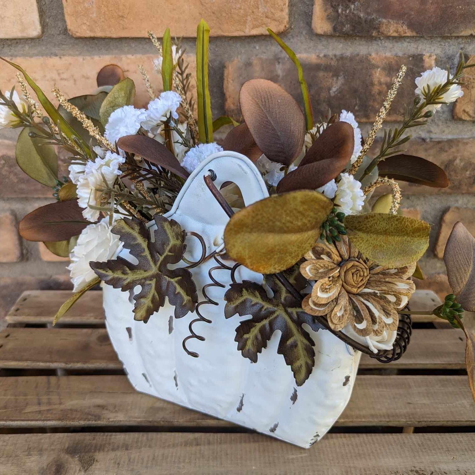 Wood Flowers Floral Arrangement for Fall, Thanksgiving Table Centerpiece, Cream Pumpkin Floral Arrangement, Fall Home Decor